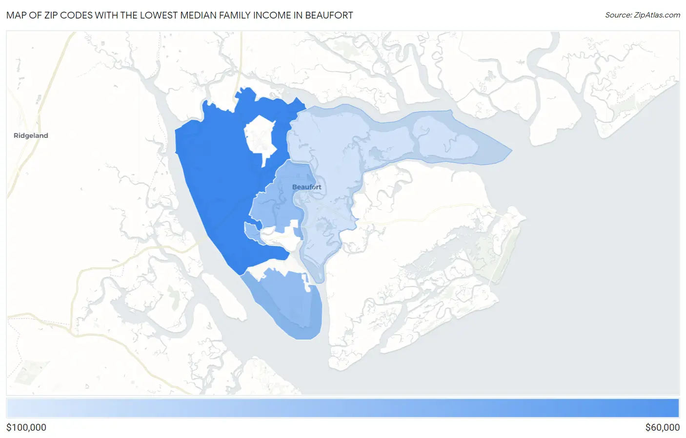 Zip Codes with the Lowest Median Family Income in Beaufort Map