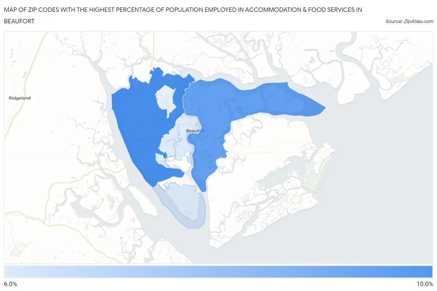 Zip Codes with the Highest Percentage of Population Employed in Accommodation & Food Services in Beaufort Map