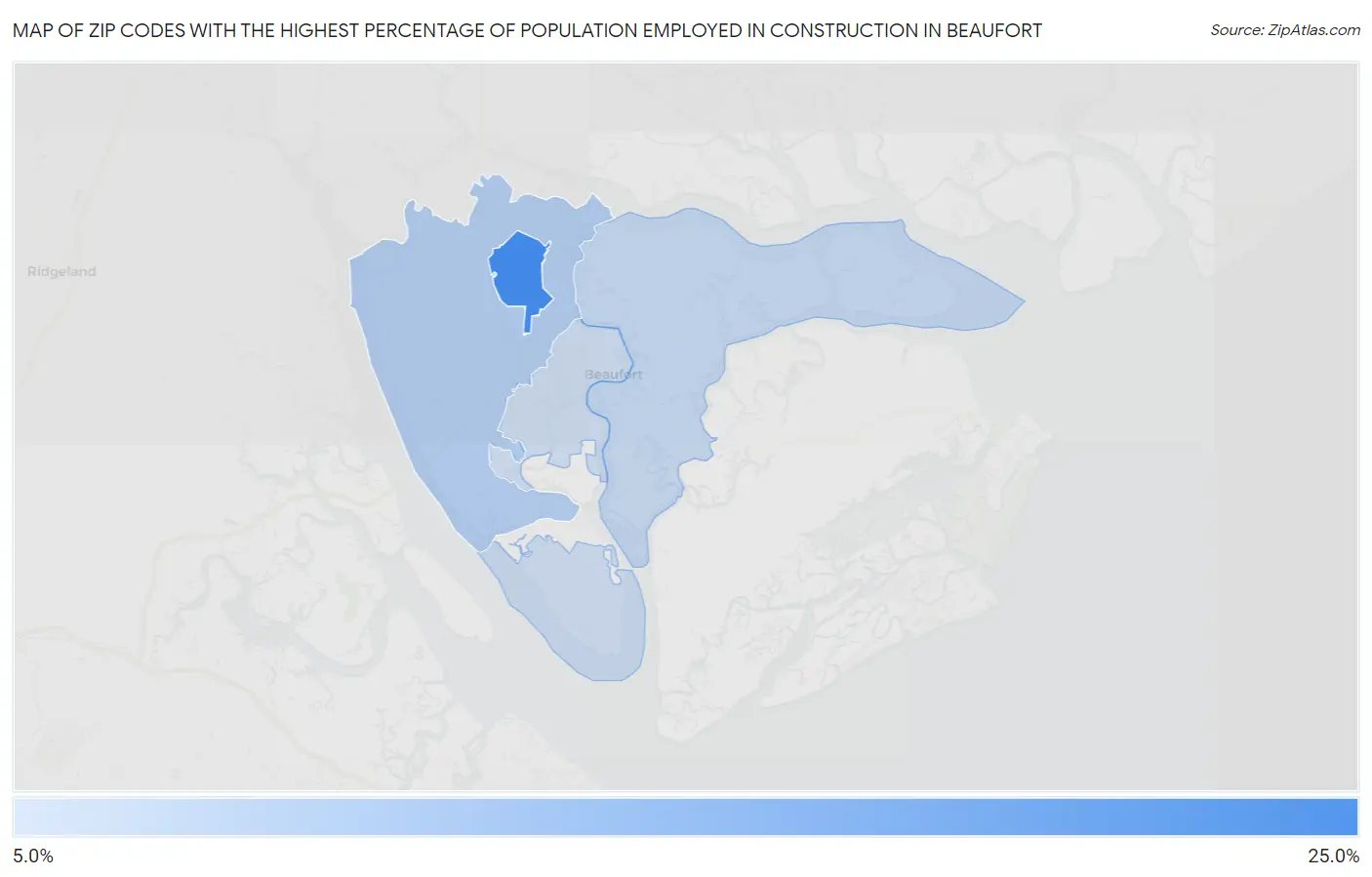Zip Codes with the Highest Percentage of Population Employed in Construction in Beaufort Map