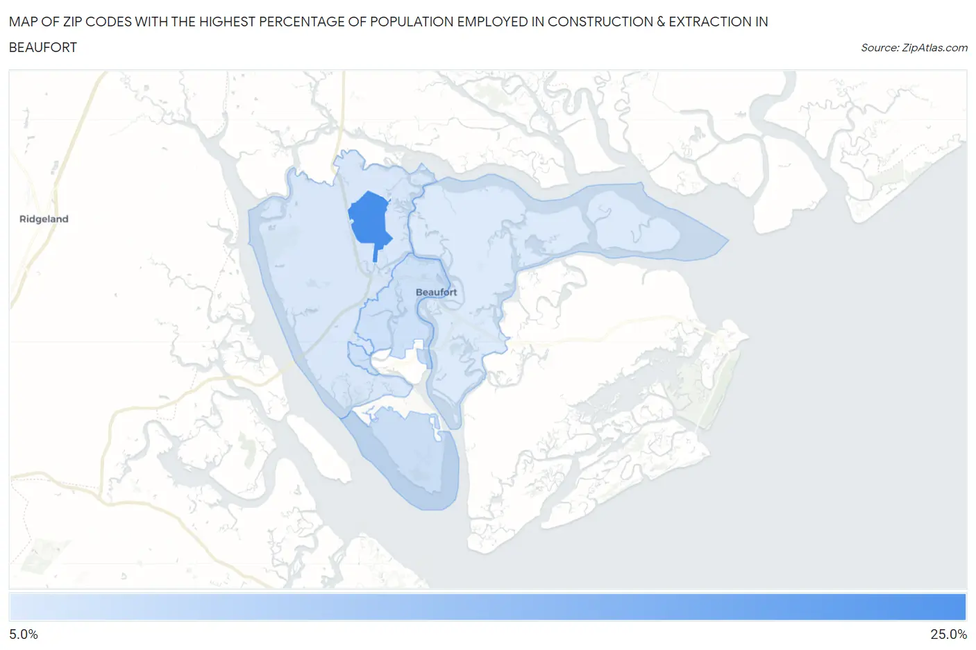 Zip Codes with the Highest Percentage of Population Employed in Construction & Extraction in Beaufort Map