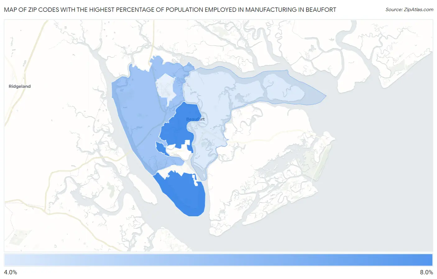 Zip Codes with the Highest Percentage of Population Employed in Manufacturing in Beaufort Map
