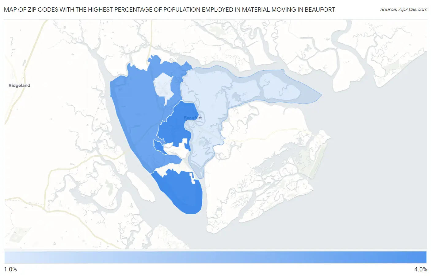 Zip Codes with the Highest Percentage of Population Employed in Material Moving in Beaufort Map