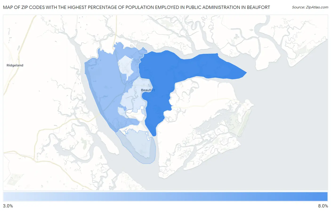 Zip Codes with the Highest Percentage of Population Employed in Public Administration in Beaufort Map