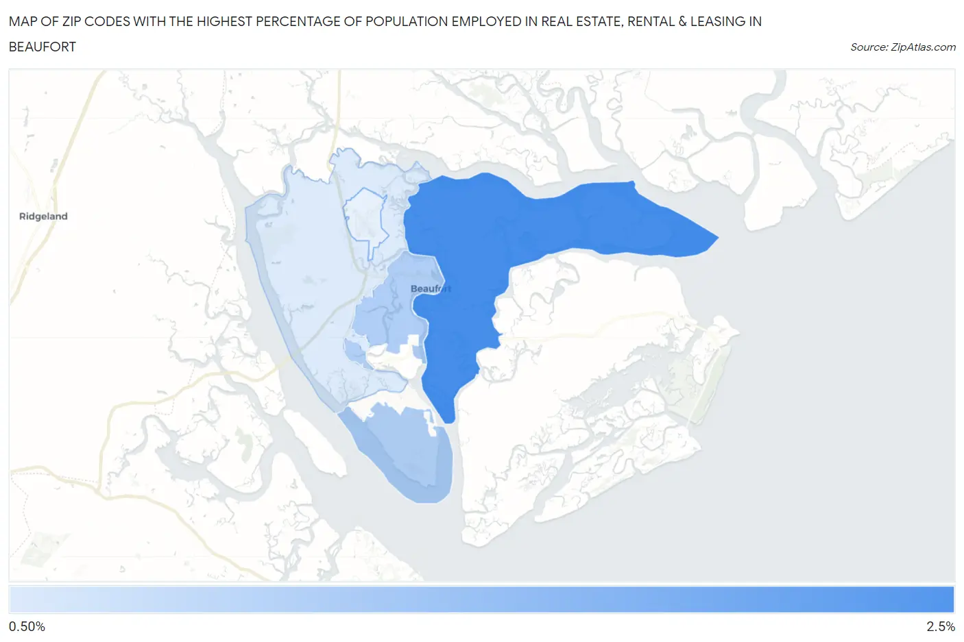 Zip Codes with the Highest Percentage of Population Employed in Real Estate, Rental & Leasing in Beaufort Map