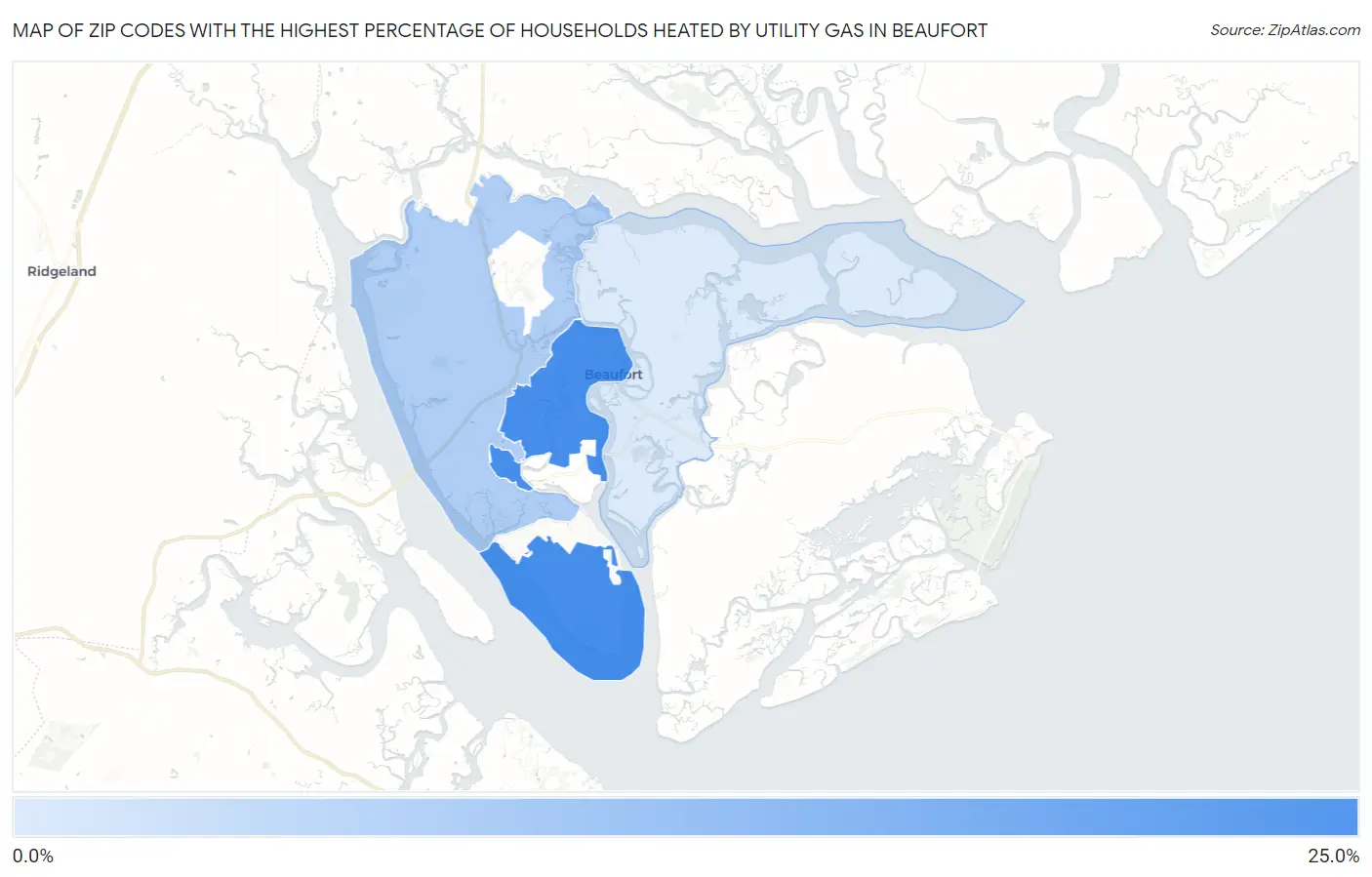 Zip Codes with the Highest Percentage of Households Heated by Utility Gas in Beaufort Map