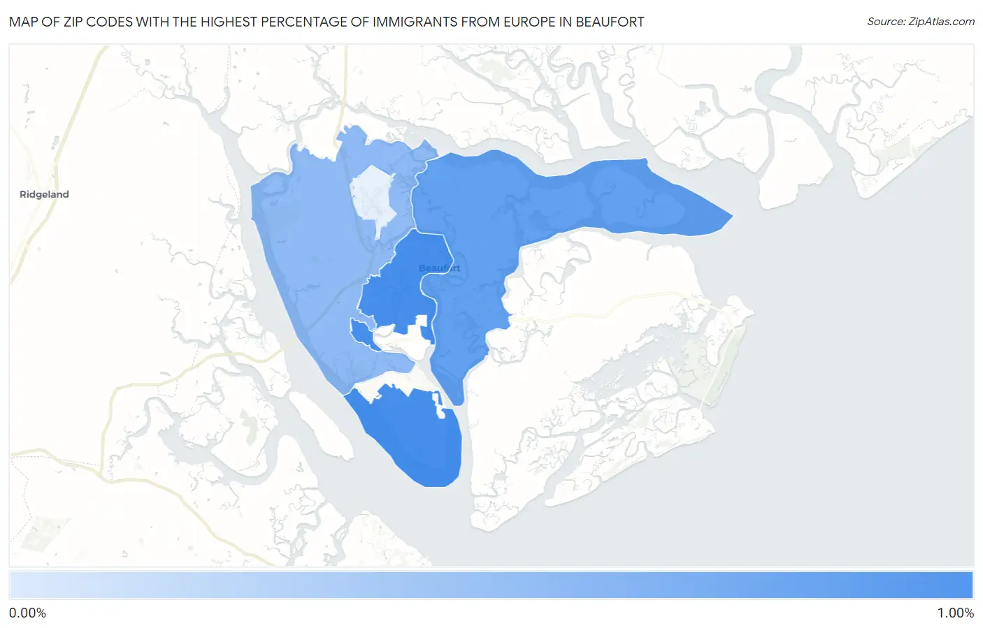 Zip Codes with the Highest Percentage of Immigrants from Europe in Beaufort Map