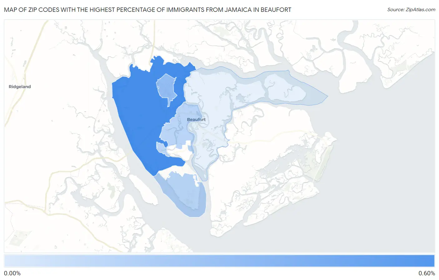 Zip Codes with the Highest Percentage of Immigrants from Jamaica in Beaufort Map