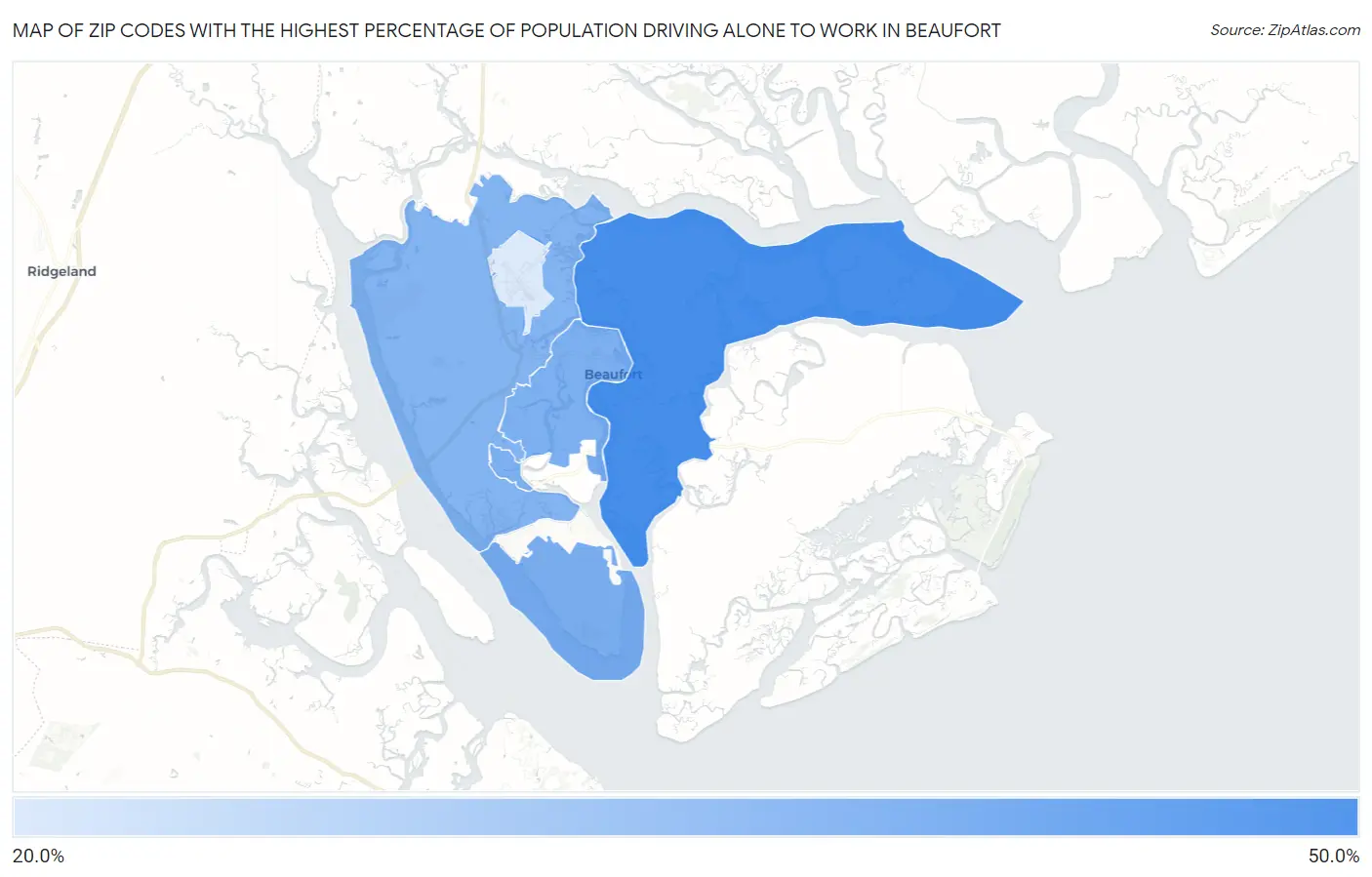 Zip Codes with the Highest Percentage of Population Driving Alone to Work in Beaufort Map