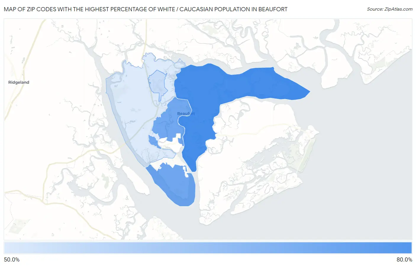 Zip Codes with the Highest Percentage of White / Caucasian Population in Beaufort Map