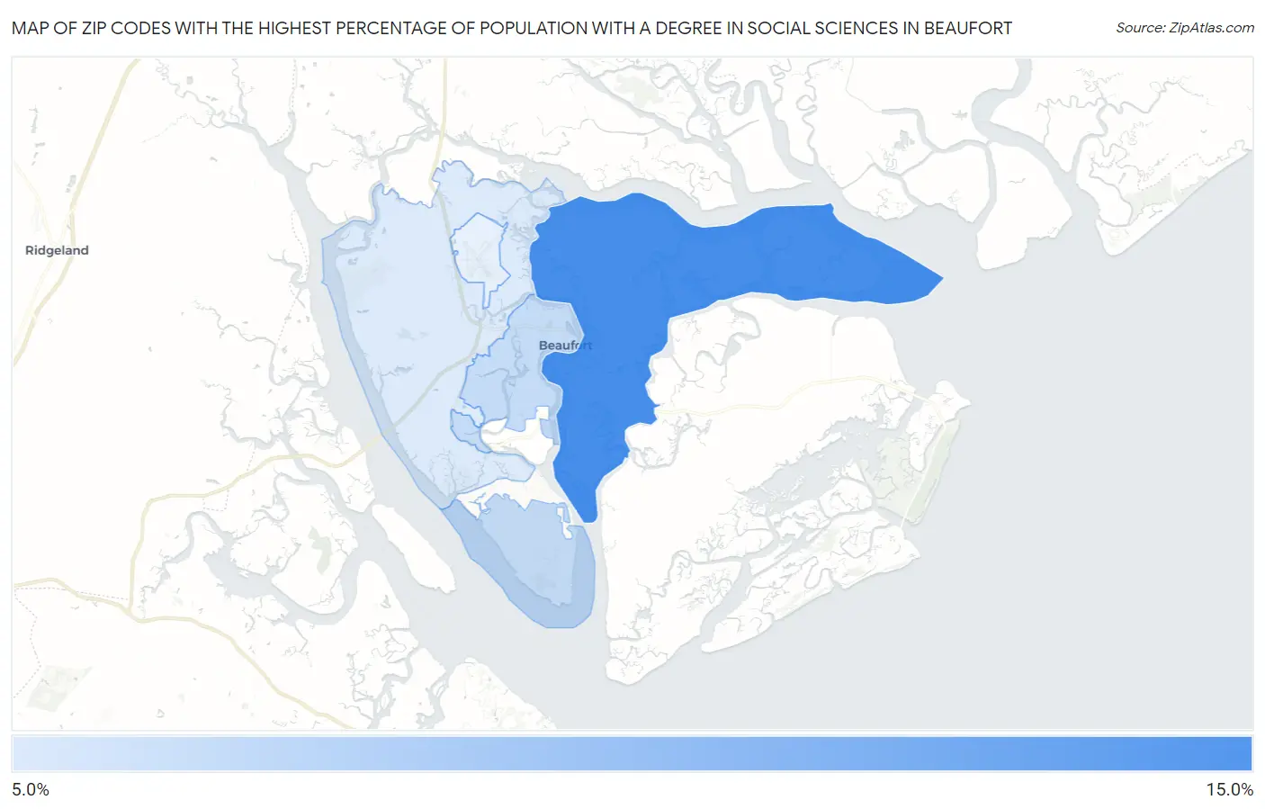 Zip Codes with the Highest Percentage of Population with a Degree in Social Sciences in Beaufort Map