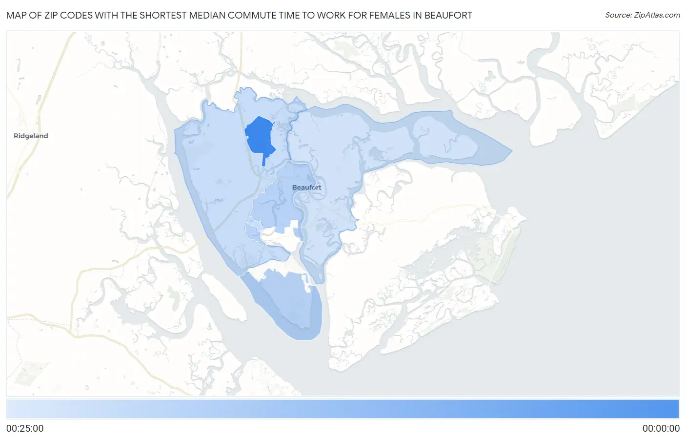 Zip Codes with the Shortest Median Commute Time to Work for Females in Beaufort Map