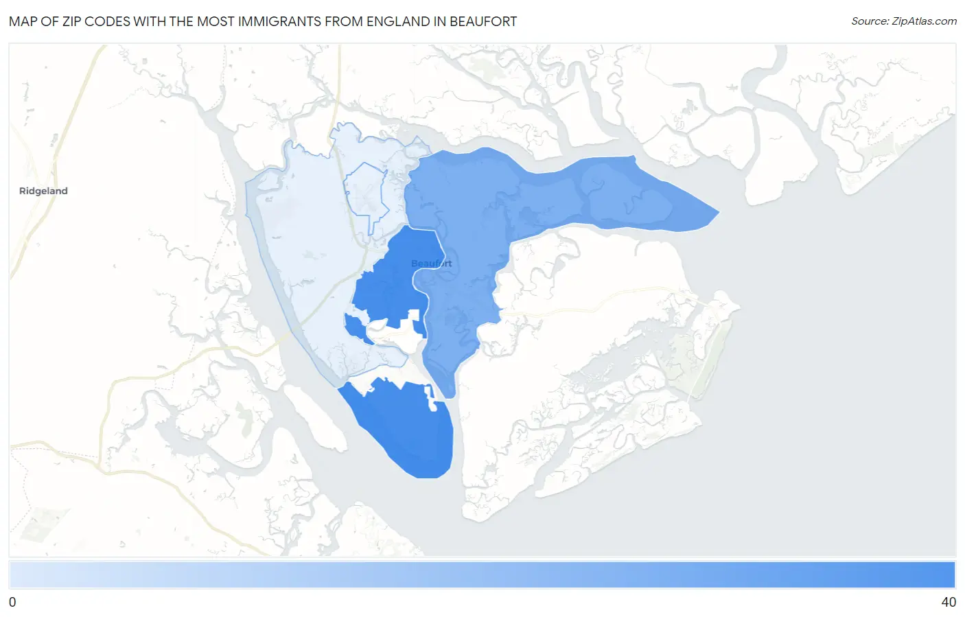 Zip Codes with the Most Immigrants from England in Beaufort Map