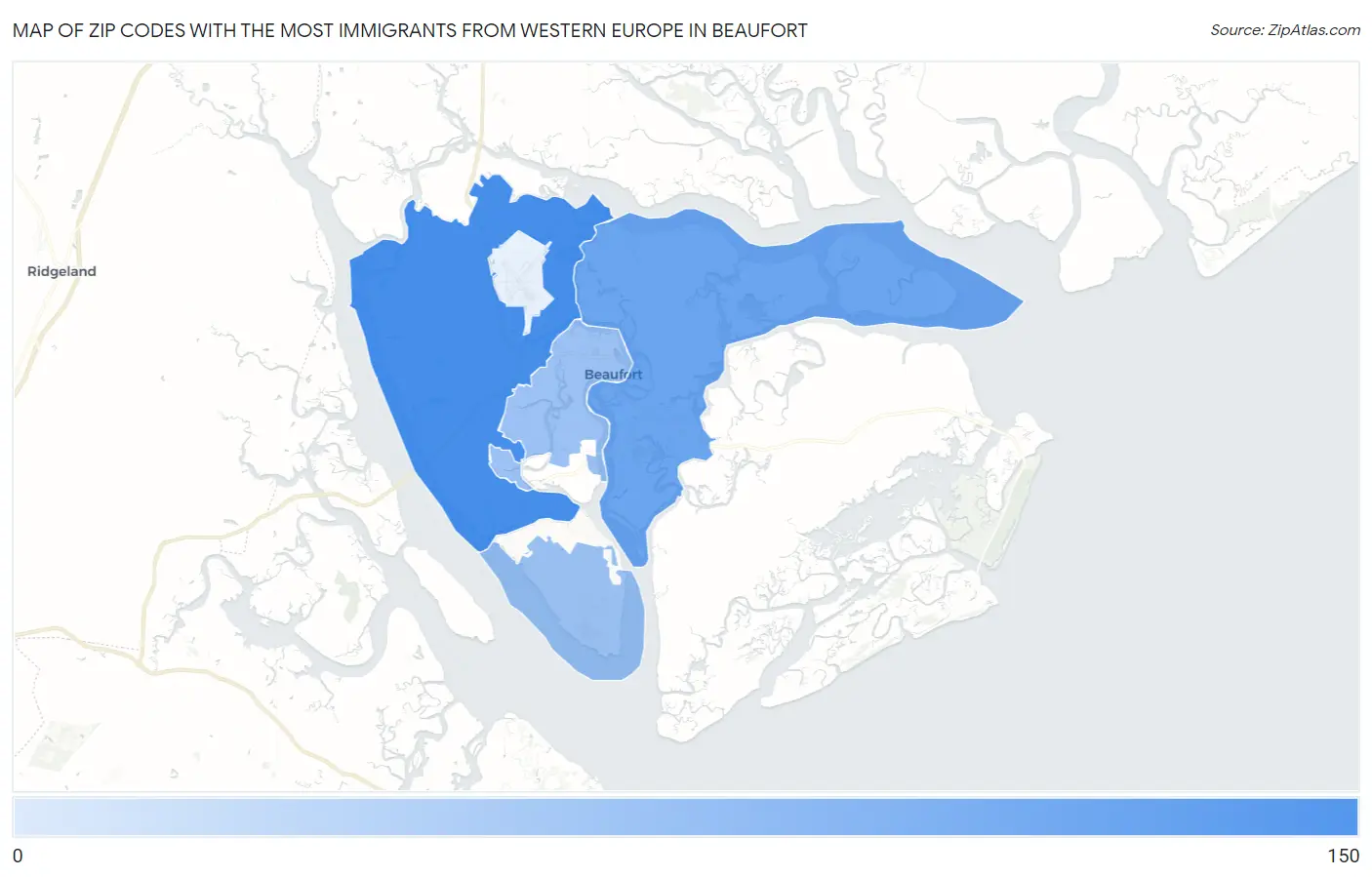 Zip Codes with the Most Immigrants from Western Europe in Beaufort Map