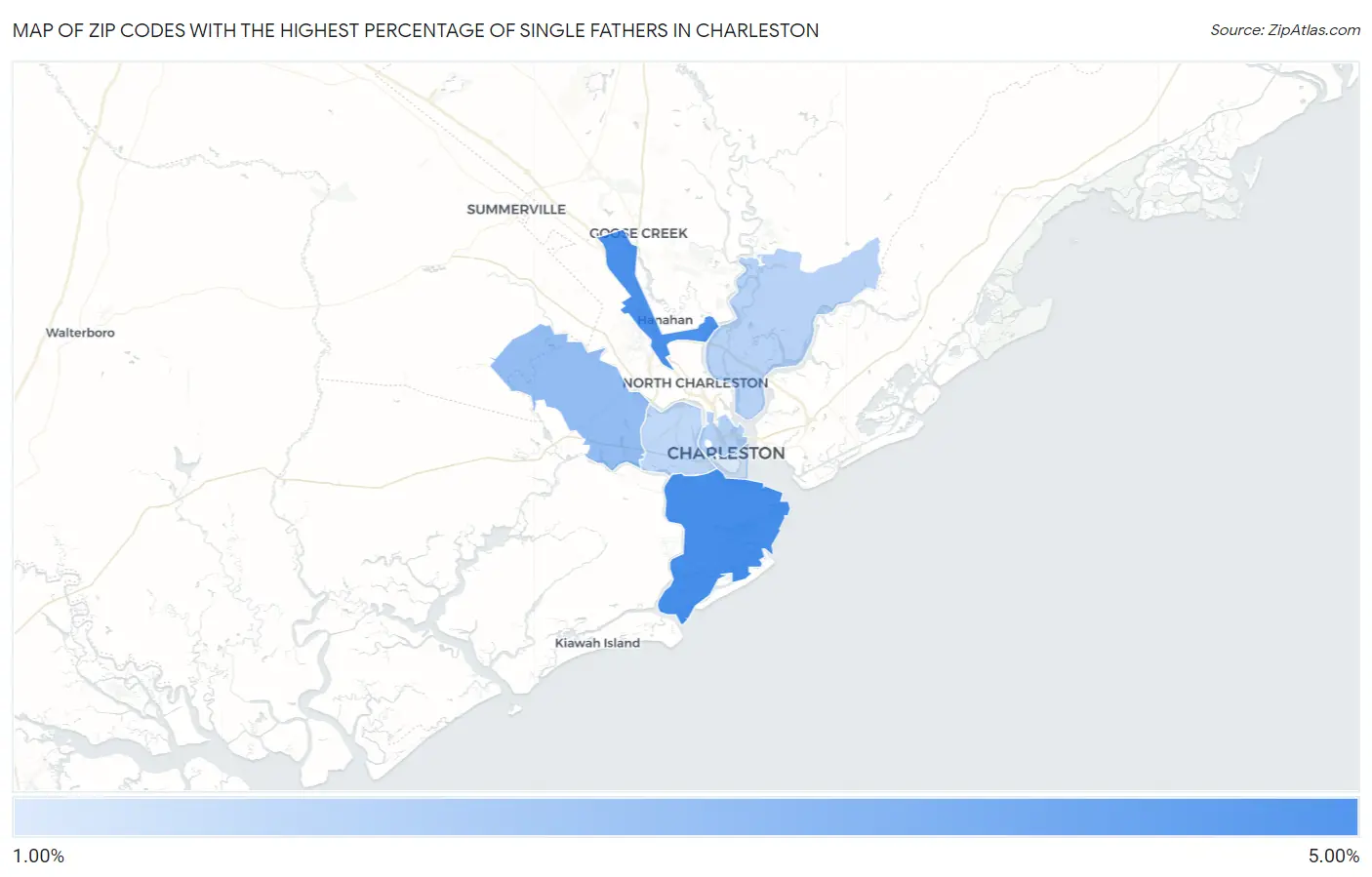 Zip Codes with the Highest Percentage of Single Fathers in Charleston Map