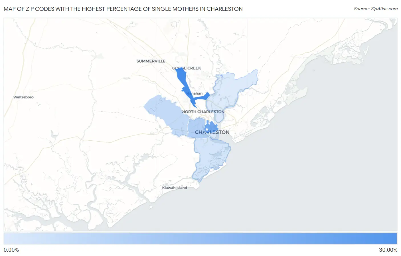 Zip Codes with the Highest Percentage of Single Mothers in Charleston Map