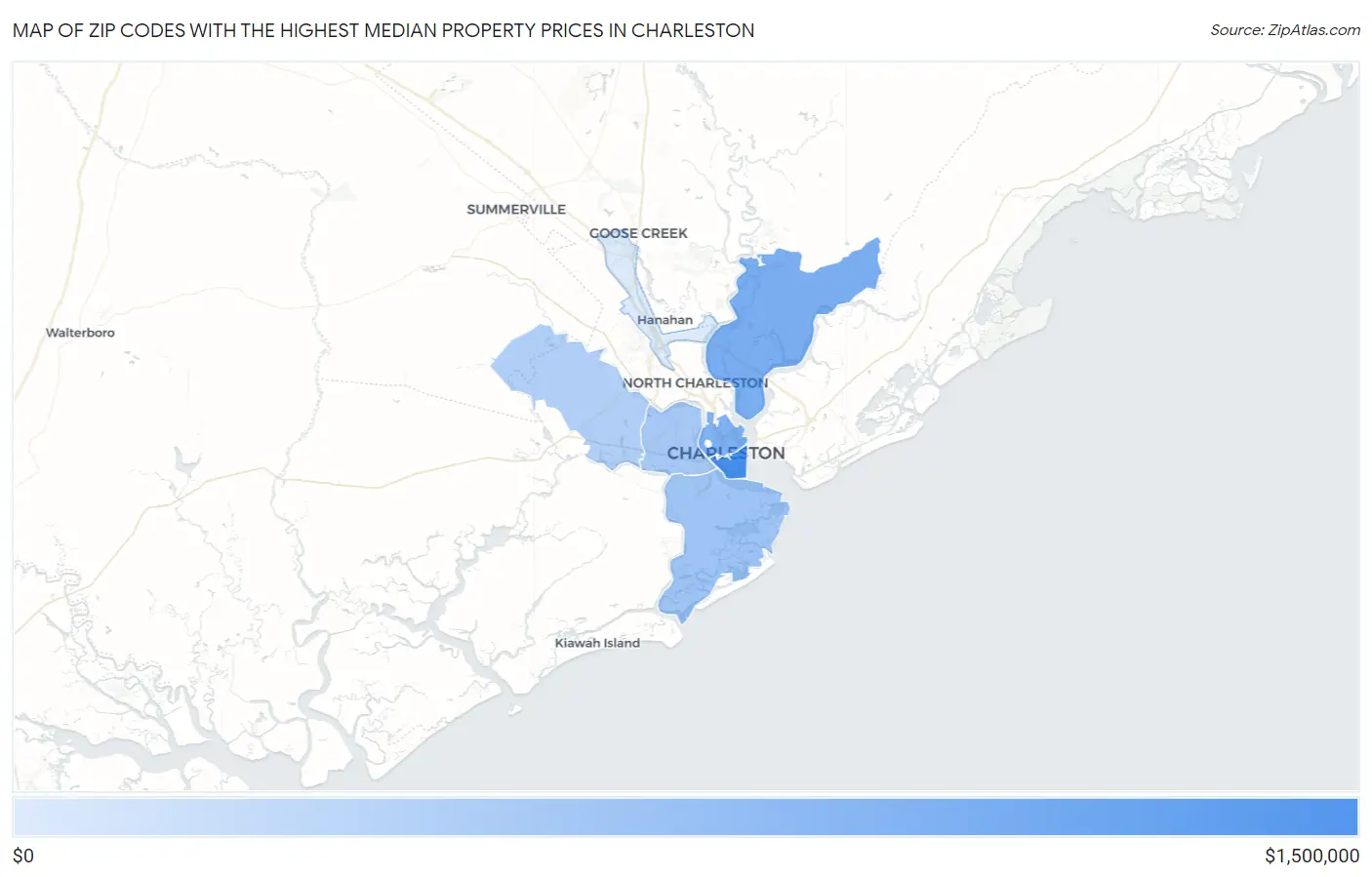 Zip Codes with the Highest Median Property Prices in Charleston Map