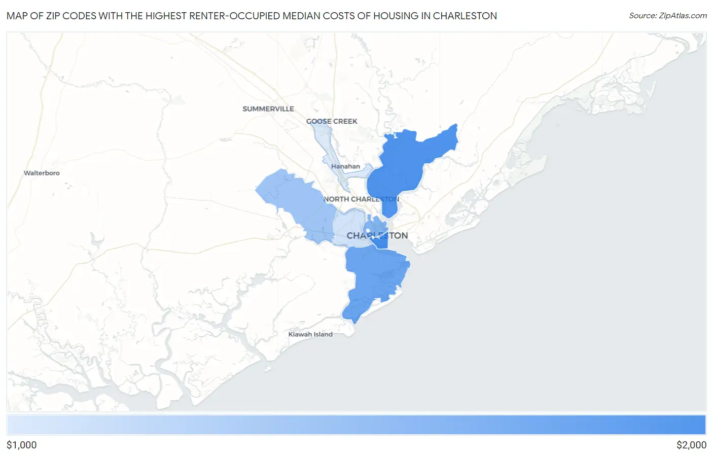 Zip Codes with the Highest Renter-Occupied Median Costs of Housing in Charleston Map