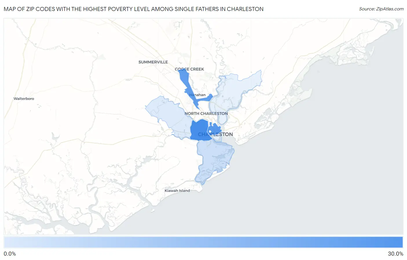 Zip Codes with the Highest Poverty Level Among Single Fathers in Charleston Map