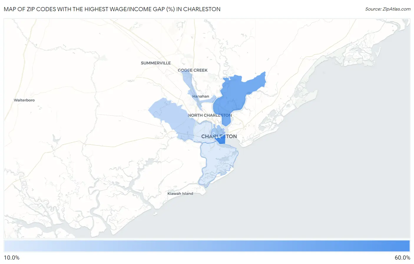Zip Codes with the Highest Wage/Income Gap (%) in Charleston Map