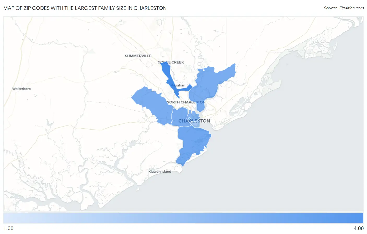 Zip Codes with the Largest Family Size in Charleston Map