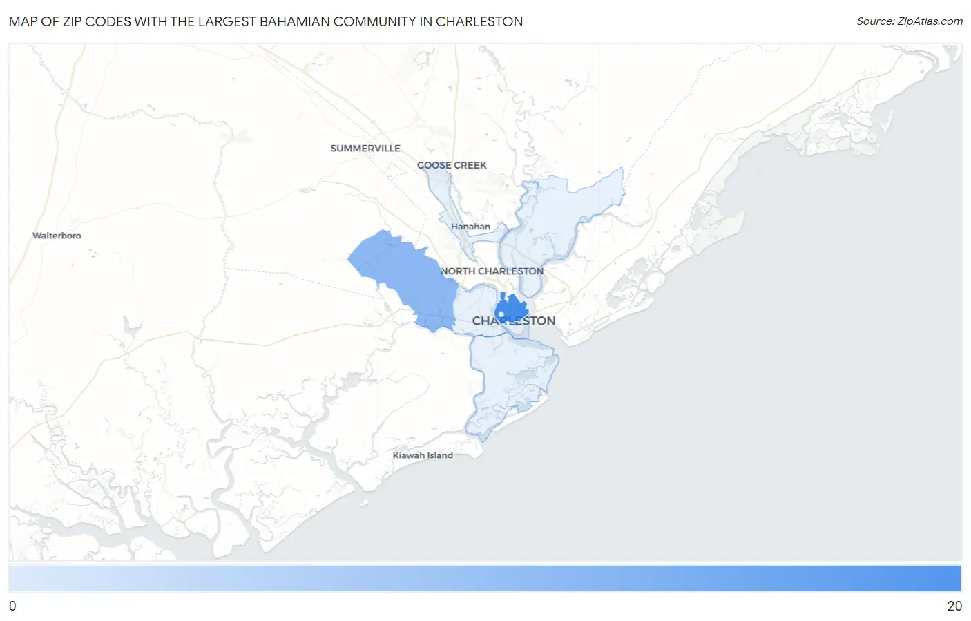 Zip Codes with the Largest Bahamian Community in Charleston Map
