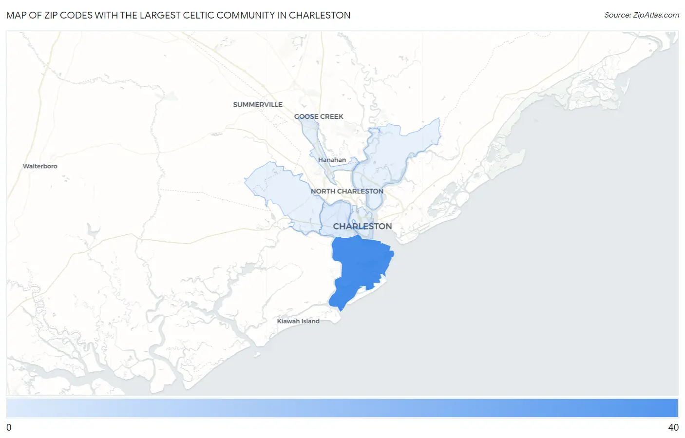 Zip Codes with the Largest Celtic Community in Charleston Map