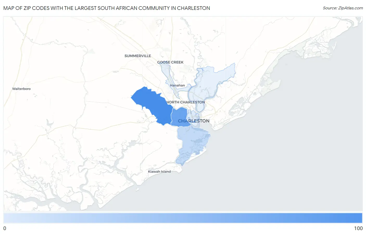 Zip Codes with the Largest South African Community in Charleston Map