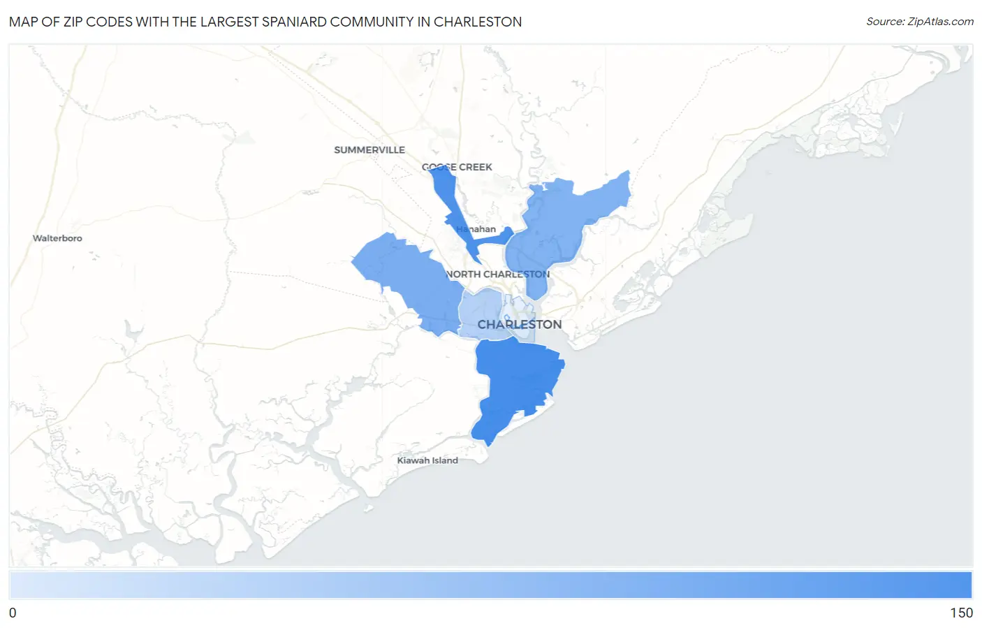 Zip Codes with the Largest Spaniard Community in Charleston Map