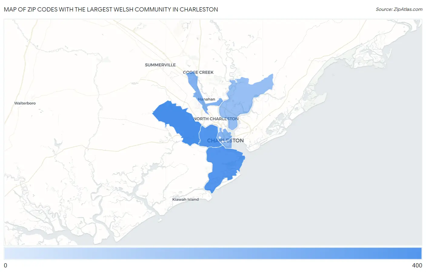 Zip Codes with the Largest Welsh Community in Charleston Map