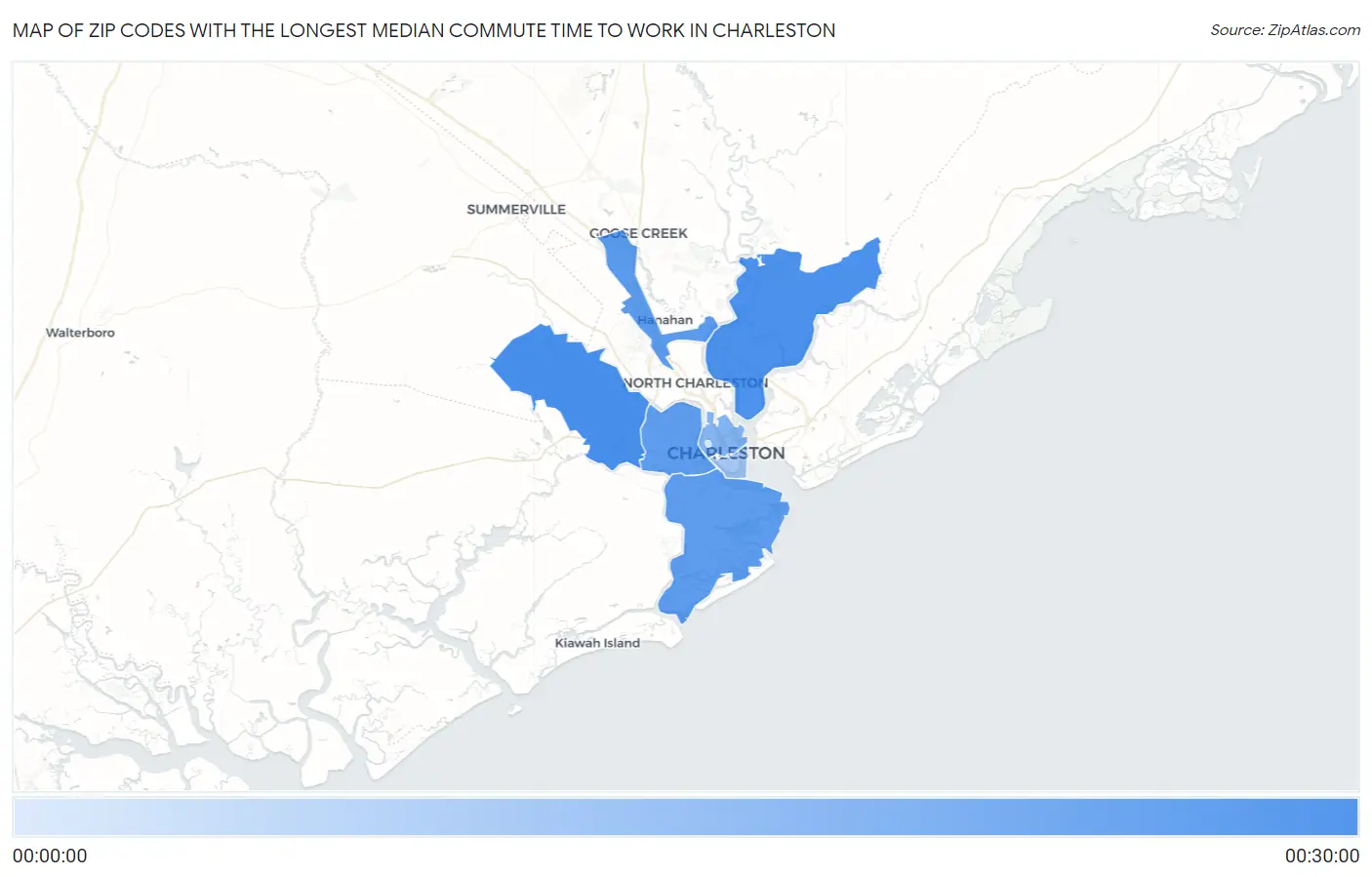 Zip Codes with the Longest Median Commute Time to Work in Charleston Map