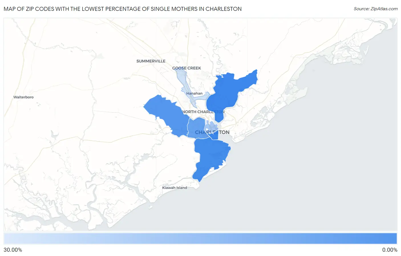 Zip Codes with the Lowest Percentage of Single Mothers in Charleston Map