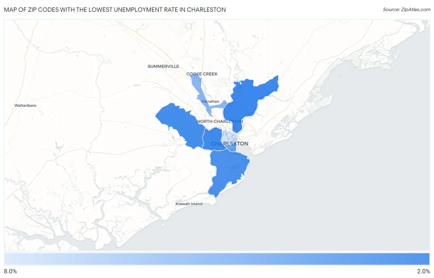 Zip Codes with the Lowest Unemployment Rate in Charleston Map