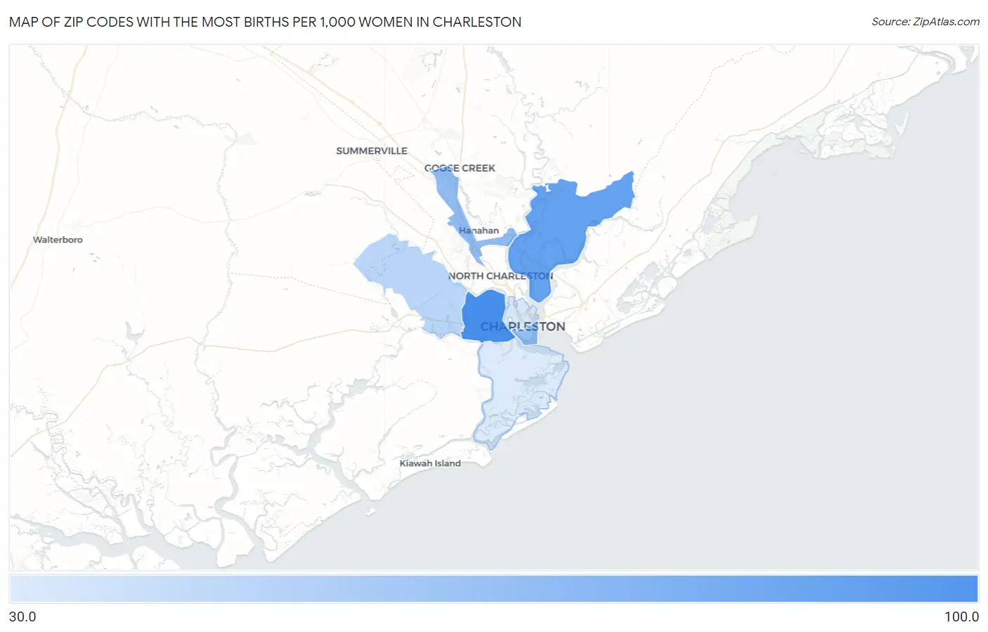 Zip Codes with the Most Births per 1,000 Women in Charleston Map