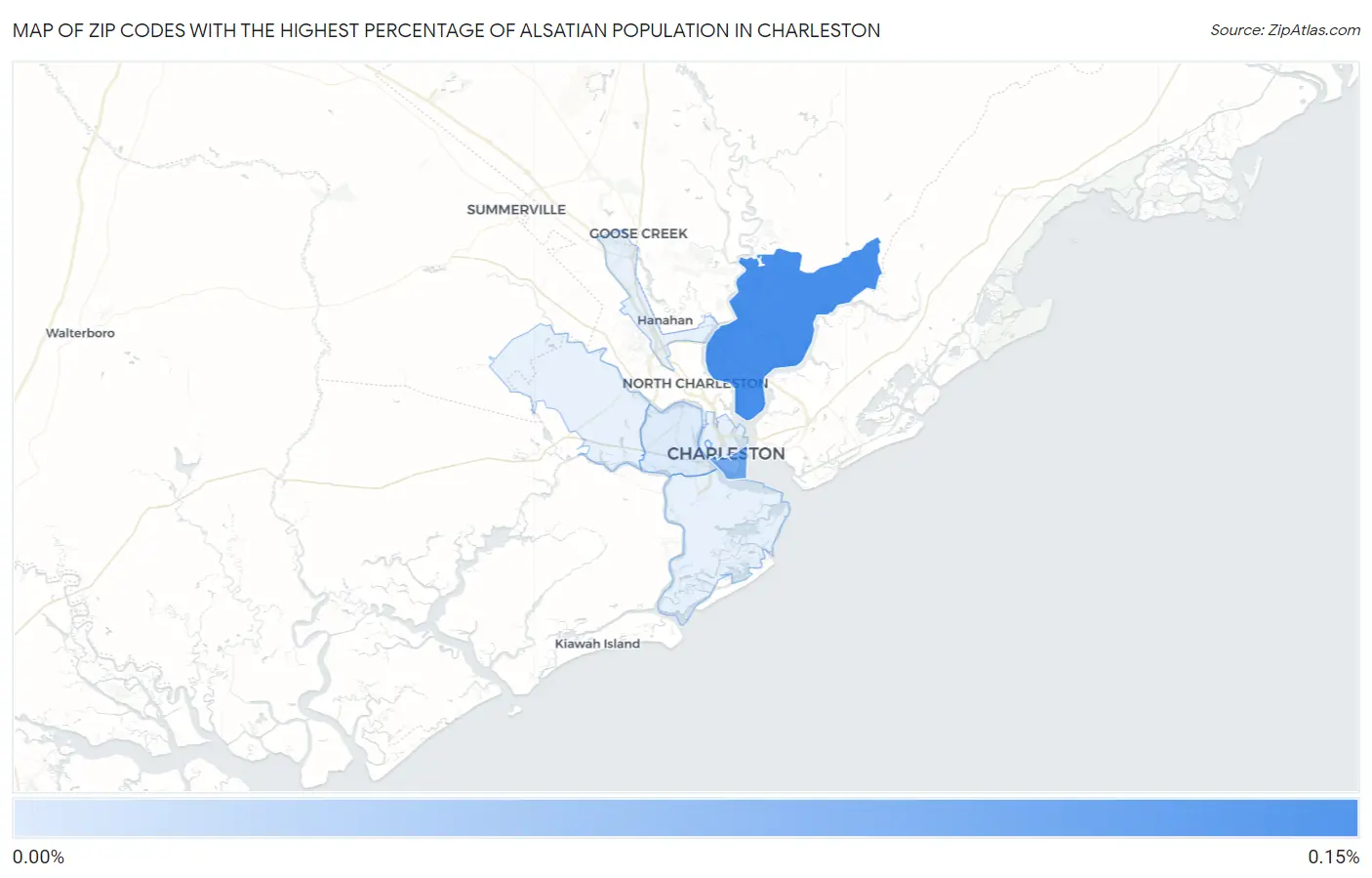Zip Codes with the Highest Percentage of Alsatian Population in Charleston Map
