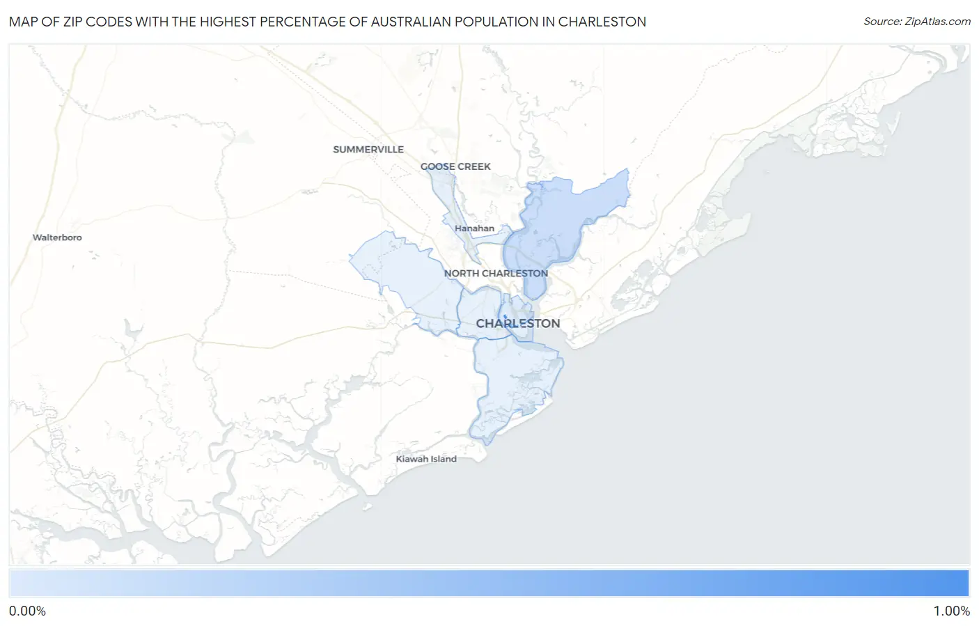 Zip Codes with the Highest Percentage of Australian Population in Charleston Map
