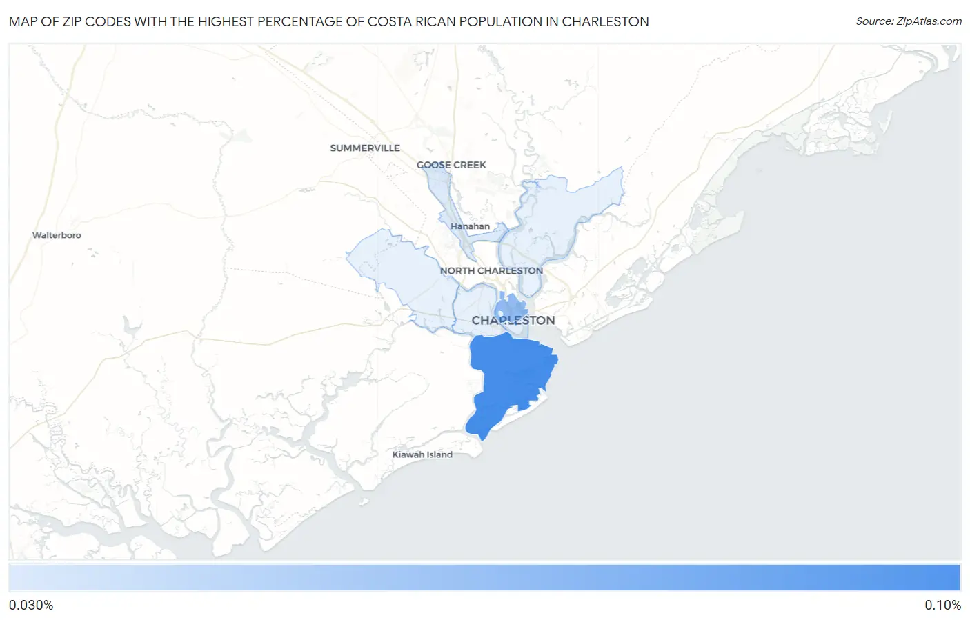 Zip Codes with the Highest Percentage of Costa Rican Population in Charleston Map