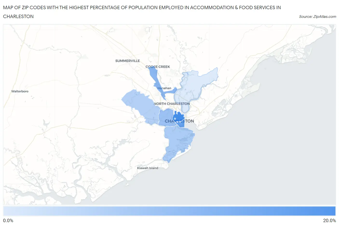 Zip Codes with the Highest Percentage of Population Employed in Accommodation & Food Services in Charleston Map