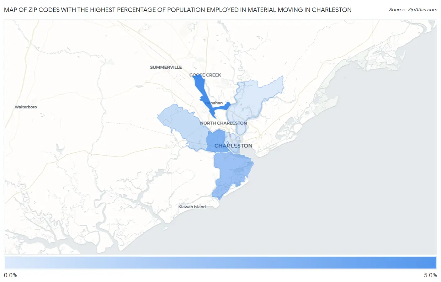 Zip Codes with the Highest Percentage of Population Employed in Material Moving in Charleston Map