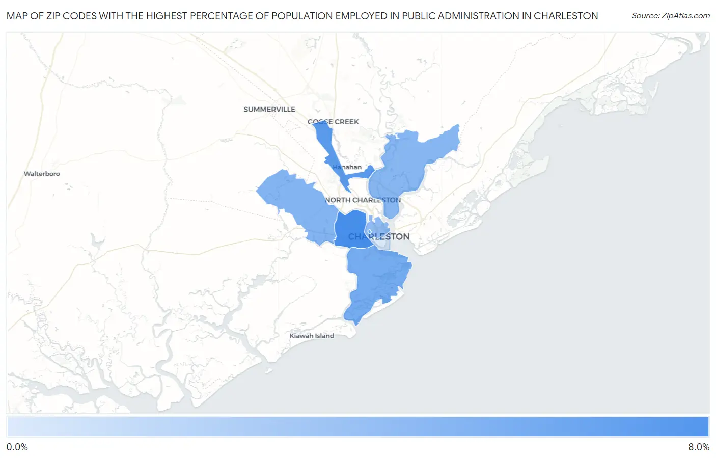 Zip Codes with the Highest Percentage of Population Employed in Public Administration in Charleston Map