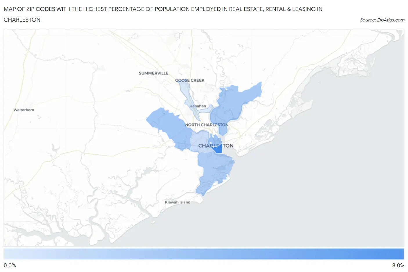 Zip Codes with the Highest Percentage of Population Employed in Real Estate, Rental & Leasing in Charleston Map