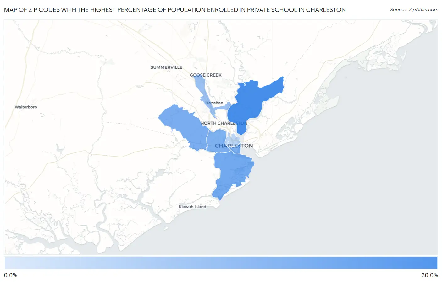 Zip Codes with the Highest Percentage of Population Enrolled in Private School in Charleston Map