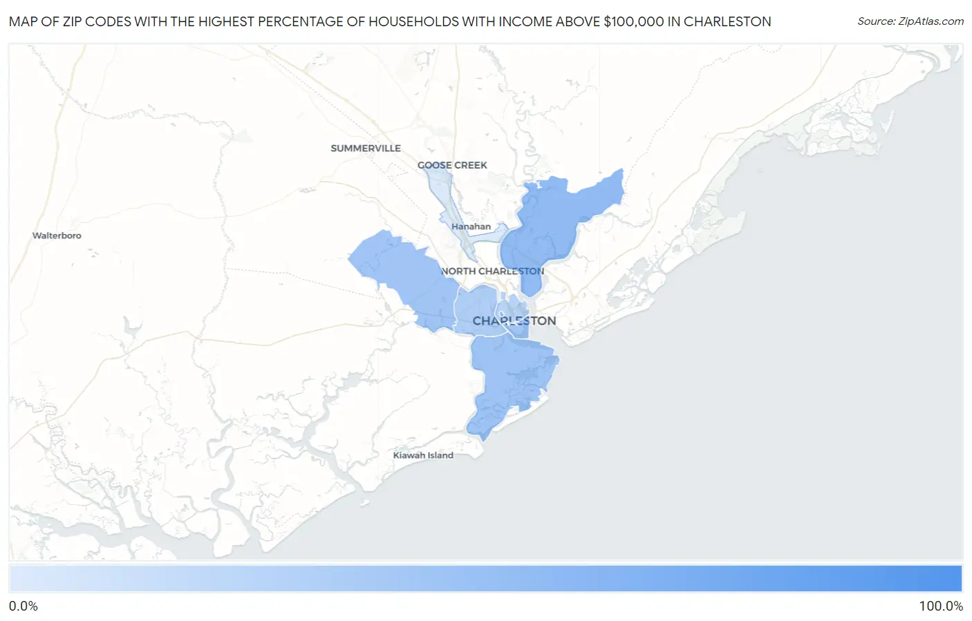 Zip Codes with the Highest Percentage of Households with Income Above $100,000 in Charleston Map