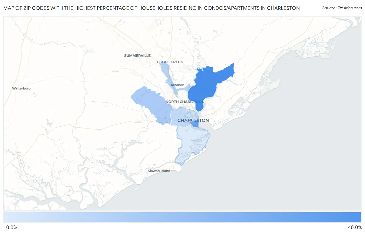 Zip Codes with the Highest Percentage of Households Residing in Condos/Apartments in Charleston Map