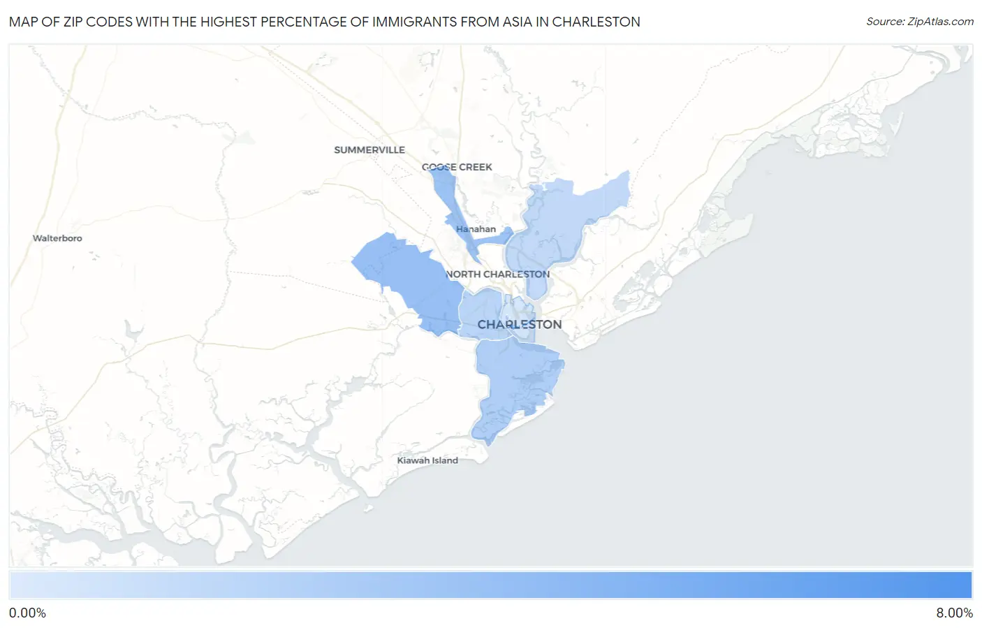 Zip Codes with the Highest Percentage of Immigrants from Asia in Charleston Map