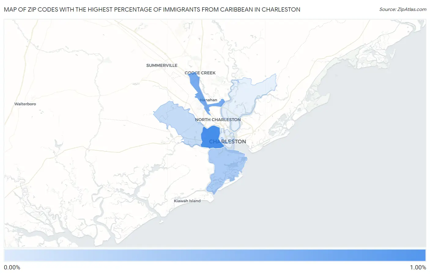 Zip Codes with the Highest Percentage of Immigrants from Caribbean in Charleston Map
