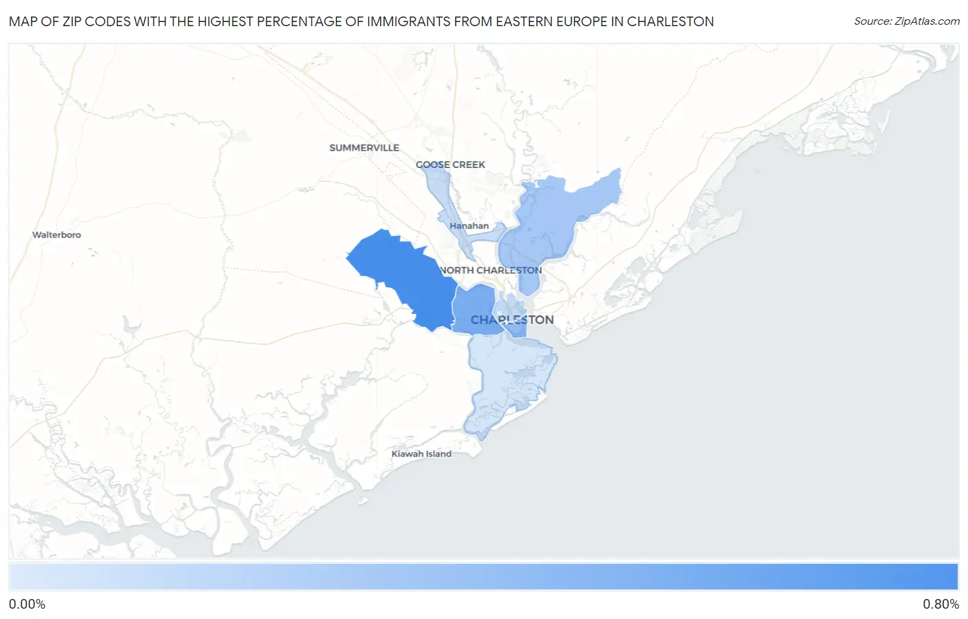 Zip Codes with the Highest Percentage of Immigrants from Eastern Europe in Charleston Map