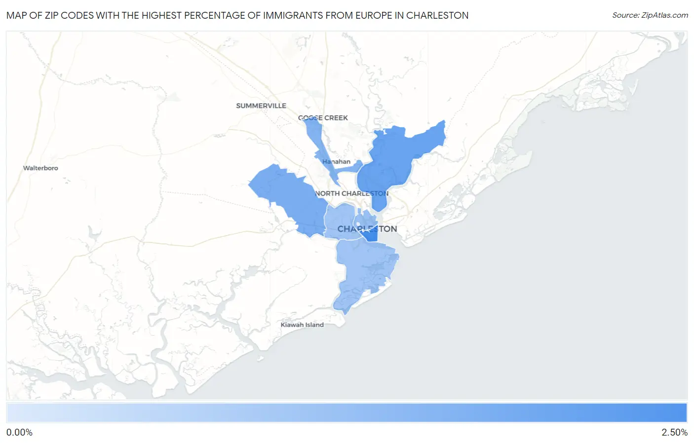 Zip Codes with the Highest Percentage of Immigrants from Europe in Charleston Map