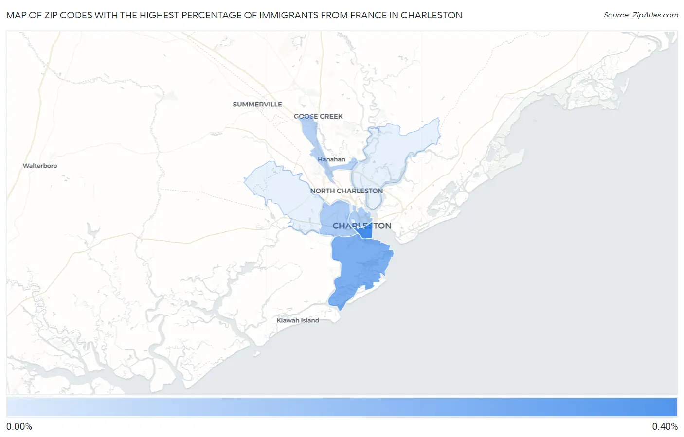 Zip Codes with the Highest Percentage of Immigrants from France in Charleston Map