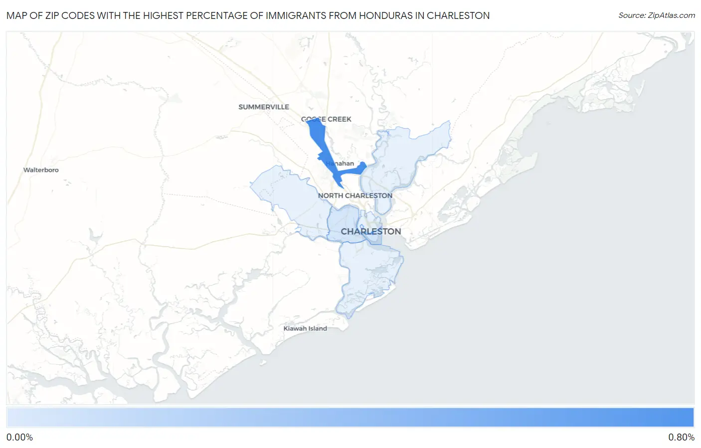 Zip Codes with the Highest Percentage of Immigrants from Honduras in Charleston Map