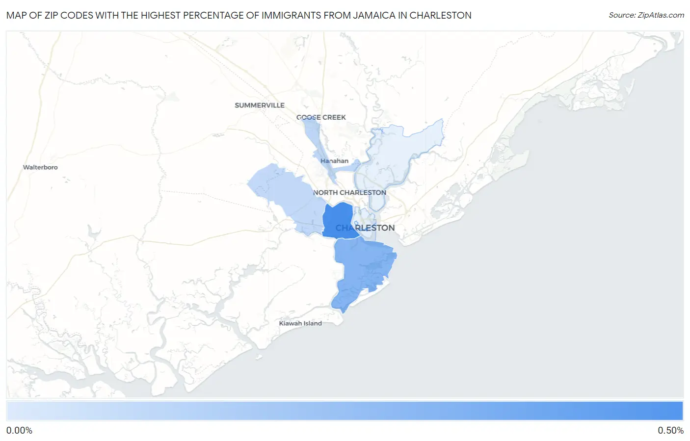 Zip Codes with the Highest Percentage of Immigrants from Jamaica in Charleston Map